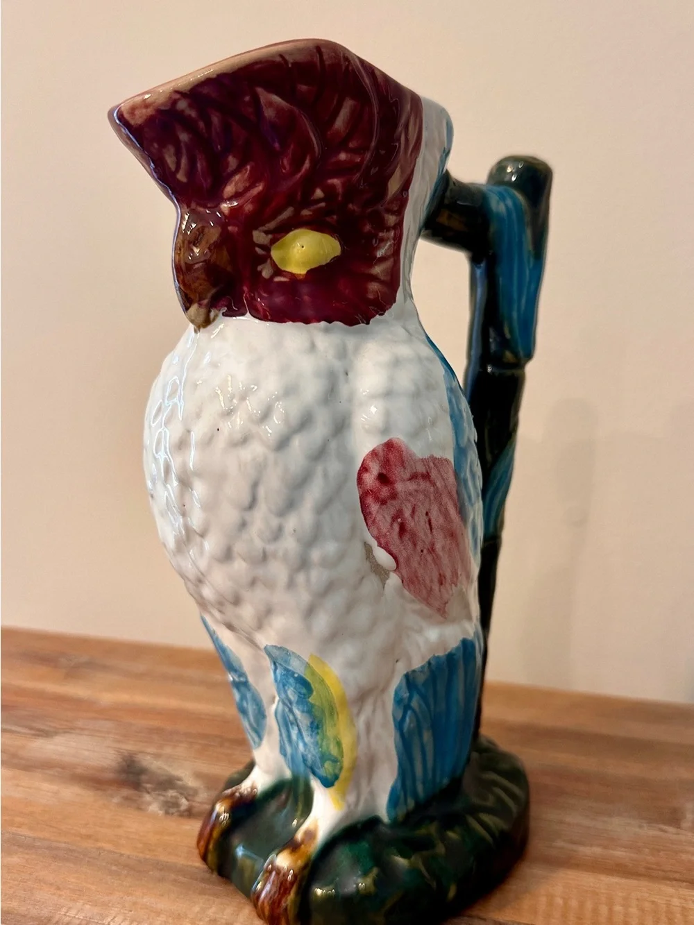 Vintage Majolica Parrot Cockatoo Bird Pitcher Jug Bamboo Handle